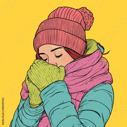 Beautiful woman in warm winter clothes is the subject of this modern pop art illustration, which captures the essence of cold weather