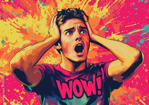 Modern pop art meets retro comic style in an illustration featuring a shocked man and prominent WOW lettering