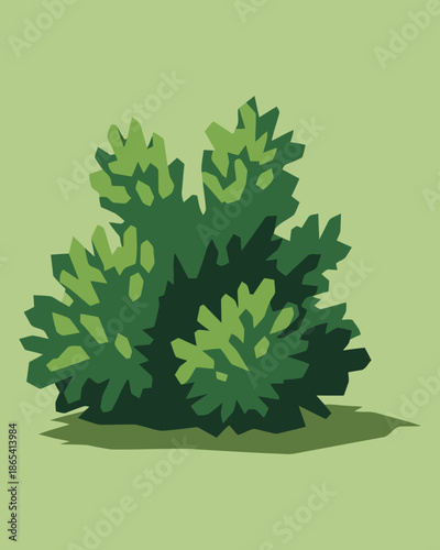 A detailed illustration of a lush green bush casting a subtle shadow on a muted green background, showcasing its dense foliage and organic shape, perfect for nature and garden designs