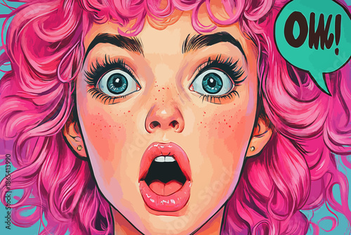 A party invitation poster is created in a modern and colorful pop art retro comic style, showcasing a surprised young woman with a sexy expression, wide open mouth and eyes, and pink curly hair, who