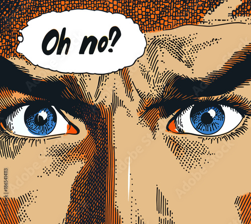 Pop art style illustration of a comic book man with a terrified face and eyes, staring at something modern and dreadful, overcome with panic