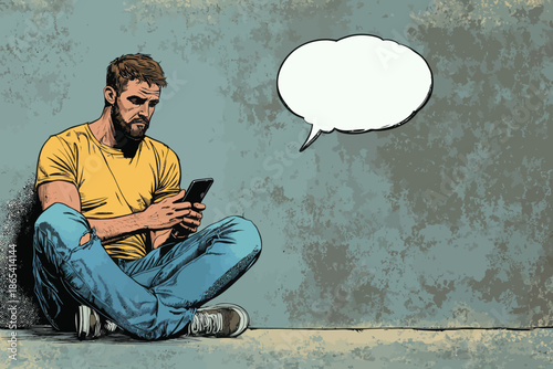 On the floor, a hipster man is occupied with reading his smartphone