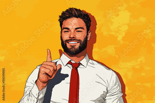 In a retro comic-inspired pop art illustration, a bearded hipster man displays a shocked facial expression while a surprised male indicates something with his finger