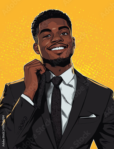 The illustration, created in modern color pop art style, showcases a businessman in suit, namely a handsome African-American guy in a black jacket, who is a happy successful Office manager
