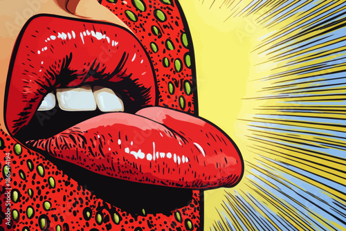 Erotic fantasy depicted in a modern pop art retro comic style illustration of a woman eating healthy food with strawberry on girls lips