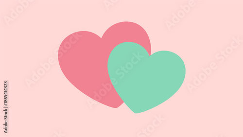 Two hearts in pink and green on a soft pastel background.