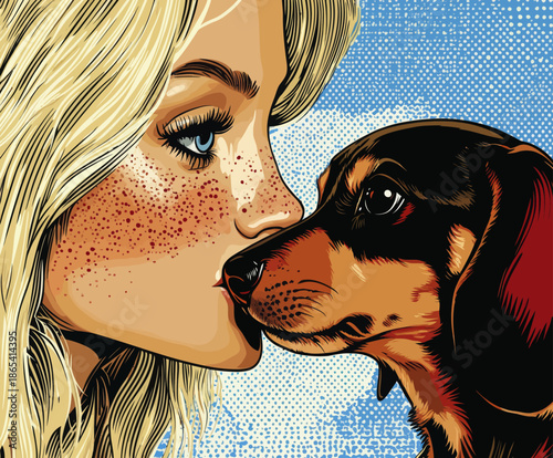 In this pop art scene, a sexy blonde woman shares a tender kiss with a cute puppy, set amidst a modern background that blends comic and retro pop art elements