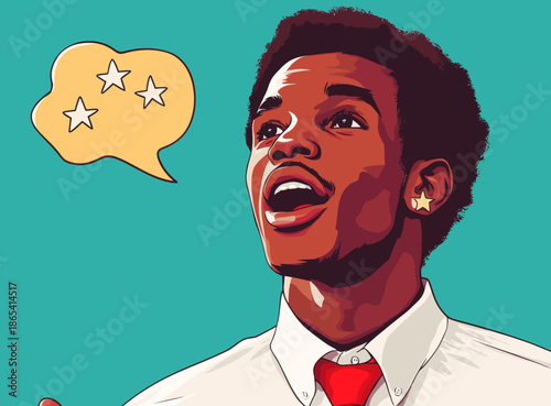 The template advertising poster is designed in a pop art style and depicts a happy African man in modern illustration