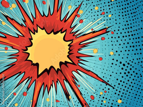 The background of this modern illustration consists of comic rays and blue dots in pop art style