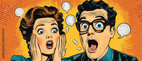 Template advertising poster in pop art style depicts two shocked Europeans, including a male and a female, as a modern illustration