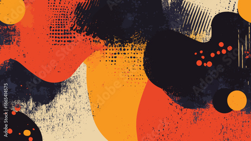 The design combines an abstract Memphis-style background with a pop art-inspired fun texture, alongside a modern illustration that displays a vibrant spotty pattern adorned with lines and dots