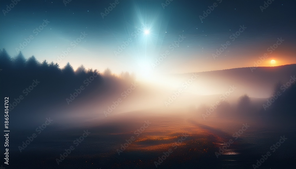 Fototapeta premium two bright lights shining on a foggy misty landscape