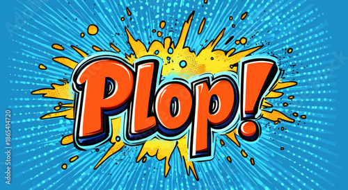 The design of a modern illustration features a cloud icon with plop lettering in pop art style