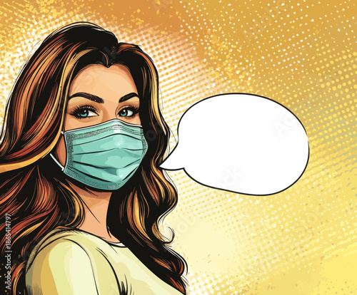 A close-up of a woman's face, masked and rendered in pop art, is set against a vibrant comic-style background reminiscent of retro aesthetics, ideal for advertising in print and on the web