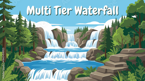 multi tier waterfall descends through layered rock steps, creating rhythmic movement and depth within a forested mountain environment
