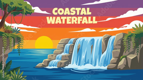 coastal waterfall pours directly into the ocean, combining freshwater motion with seascape elements and dramatic shoreline geology