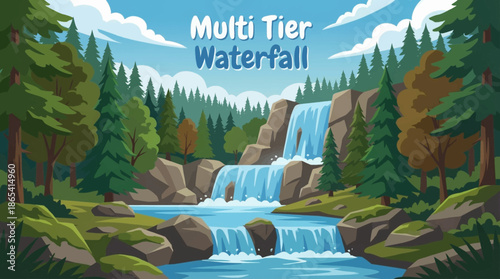 multi tier waterfall descends through layered rock steps, creating rhythmic movement and depth within a forested mountain environment