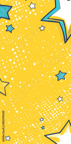 This backdrop boasts a bright yellow color, characteristic of comic book style pop art, with a dynamic explosion cartoon illustration, blended with a retro modern vintage flair