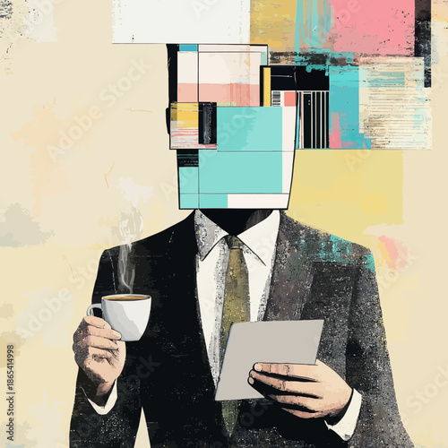 A modern, comics-styled suit with a triangular and colorful design is presented in the monthly report, highlighting a contemporary art collage that embodies inspiration and trendy concepts, all in a