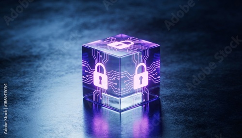 glowing encrypted data cube with lock symbols, encryption concept
