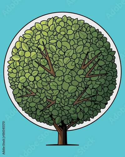 Stylized green tree with prominent branches and abundant leaves, enclosed within a perfect circle against a sky blue background, symbolizing nature's growth and well-being