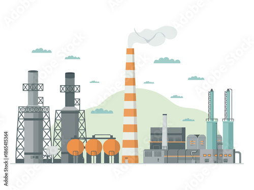 An industrial factory complex with smokestacks and buildings set against a mountainous backdrop