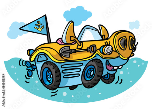 Funny swimming car with funny nose and blue naval pennant 