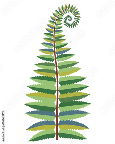 Stylized illustration of a vibrant green fern frond unfurling in a graceful spiral, showcasing intricate leaf patterns and a touch of blue and yellow, evoking nature's beauty and growth