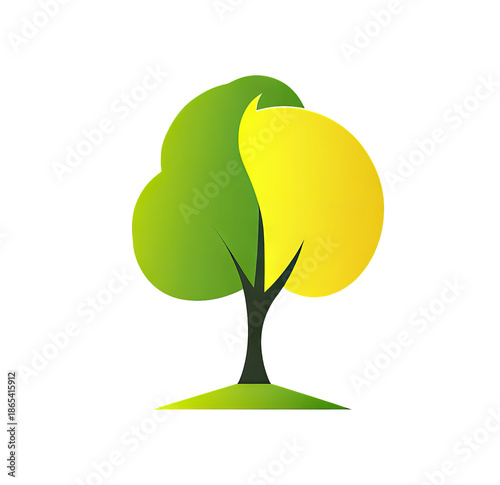 Minimalist Tree with Green and Yellow Foliage Representing Seasonal Change and Growth on Transparent Background