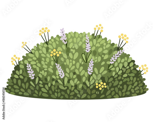 A lush, vibrant green bush adorned with delicate purple and yellow blossoms, creating a picturesque natural scene perfect for various design projects and illustrations