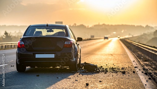 A car is stranded on a highway, debris scattered, with a sunlit backdrop