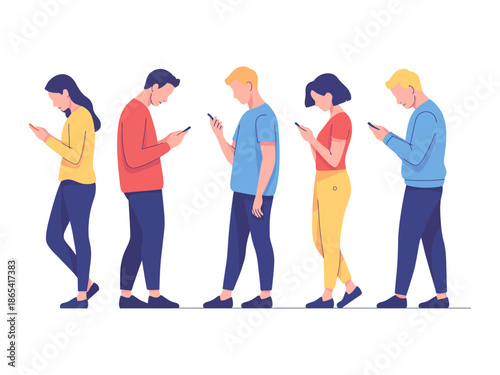 A group of people standing in line and looking at their mobile phones