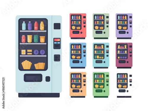 A colorful illustration of vending machines in various sizes and colors, offering a range of snacks and drinks.