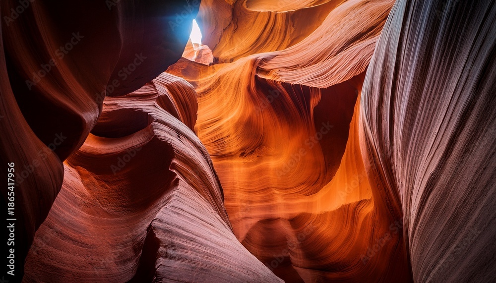 Obraz premium Majestic Antelope Canyon A Natural Slot Canyon With Vibrant Red Sandstone Formations Dramatic Light Beam Geological Wonder Travel Destination Earthy Tones Serene Beauty Abstract Patterns