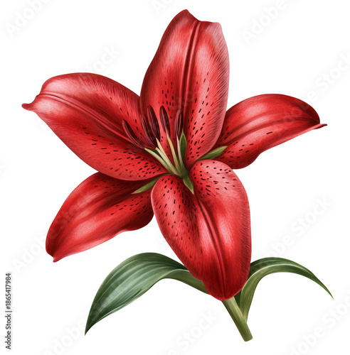 Detailed Red Lily Flower with Speckled Petals and Green Leaves on Transparent Background