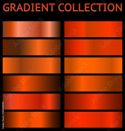 Orange metallic gradient collection. Bronze holographic foil texture. Vector set for frame, ribbon, border, other design.