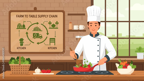 Chef Cooking with Fresh Vegetables in Kitchen.