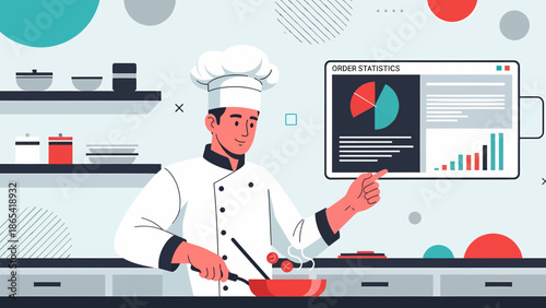 Chef Cooking with Data Analytics Displayed in Kitchen.