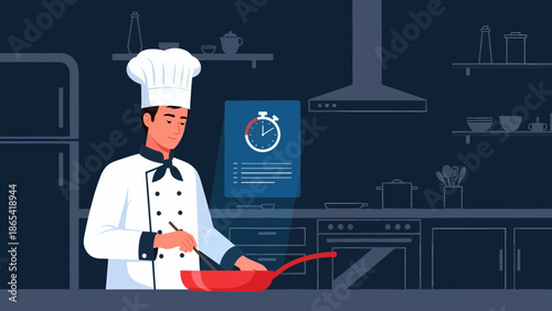 Chef Cooking with Timer in Kitchen Illustration.