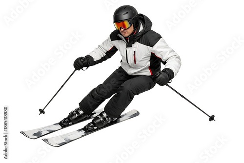 Male skier in motion isolated. Winter sports action. Outdoor lifestyle visuals. Seasonal projects.