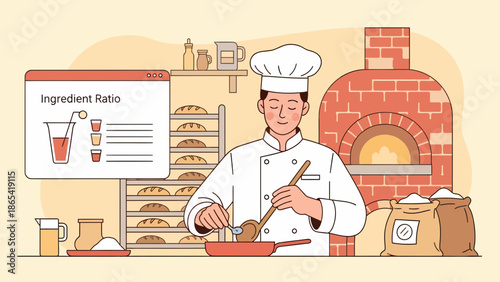 Chef Preparing Ingredients in Kitchen with Oven and Recipe.