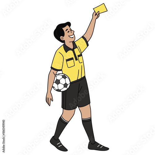 Cartoon soccer referee holding a soccer ball in one arm and showing a bright yellow warning card high up to indicate a foul during a competitive match