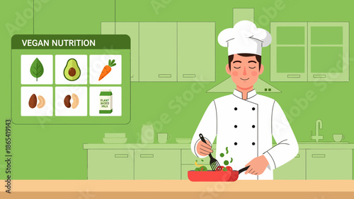 Chef Preparing Vegan Meal with Nutrition Guide in Kitchen.