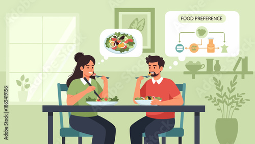 Couple Eating Healthy Food at Table with Food Preference Chart.