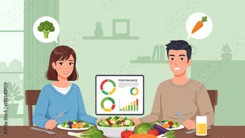 Couple Eating Healthy Food with Nutrition Data on Laptop Screen.