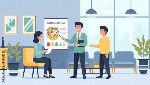 Nutritionist explaining diet plan to clients in office setting.