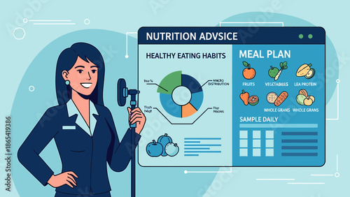 Nutritionist Explaining Healthy Eating Habits and Meal Plan on Screen.