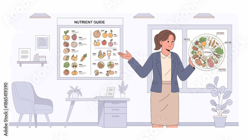 Nutritionist Explaining Healthy Eating with Food Plate and Guide.