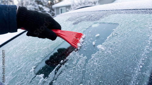 Winter car maintenance with ice scraper removing frost from windshield on cold day. Frosty windshield requires attention with efficient ice scraper as part of winter car care.