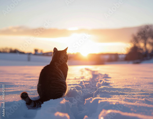 Cat facing sunrise on snowy field, minimal back view